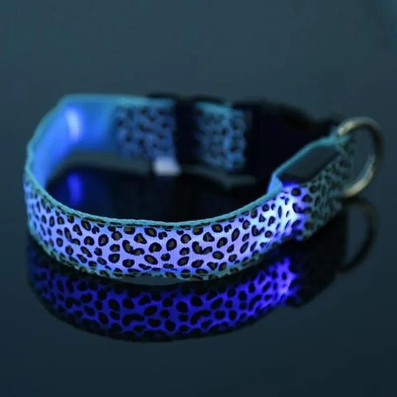 LED dog collar with adjustable nylon strap and leopard print, showing LED light modes on a pet's neck