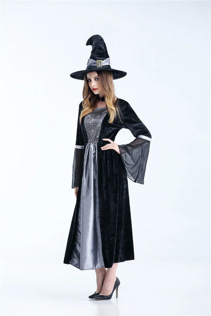 Adult women's sorceress witch costume for Halloween and carnival, available in grey and orange.