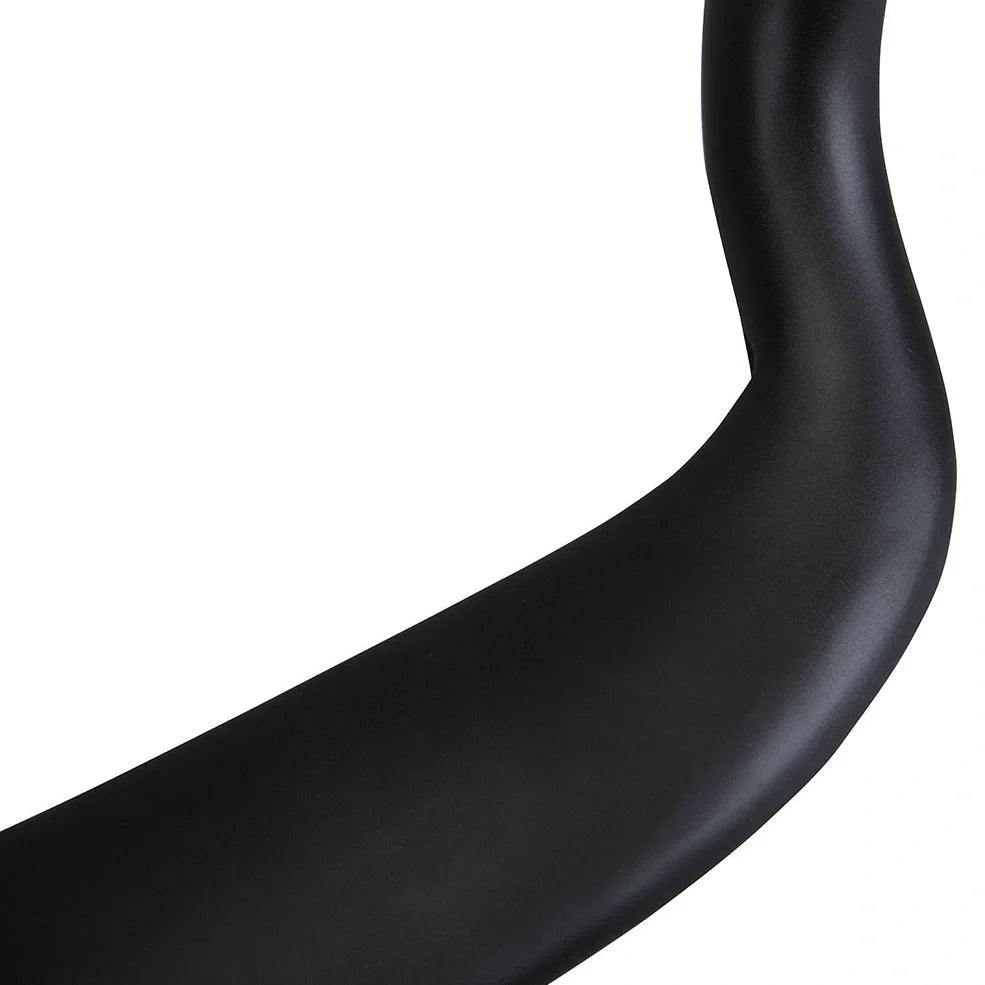 Black carbon fibre bicycle handlebar with bent design showing 125mm vertical rise measurement