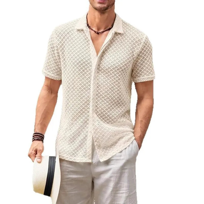 Man wearing a short sleeve lapel collar shirt in a solid light colour, suitable for casual summer wear.