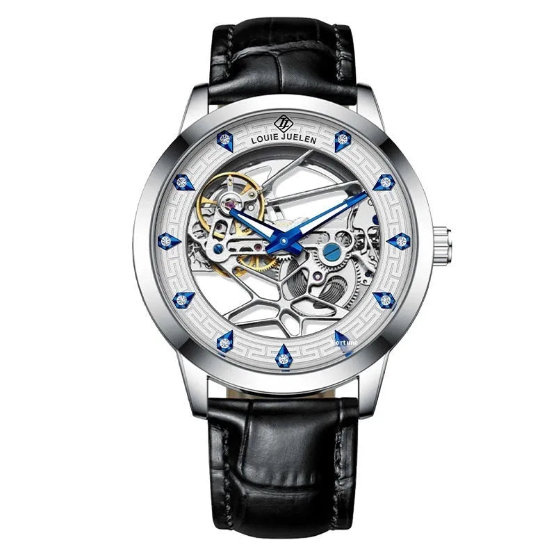 Men's silver mechanical watch with white dial, blue luminous hands, and a black leather strap
