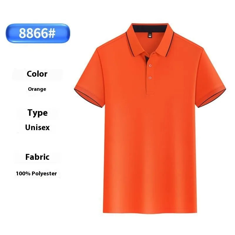 Men's light blue asymmetric ice silk polo shirt on a hanger, showing its unique collar and placket design.