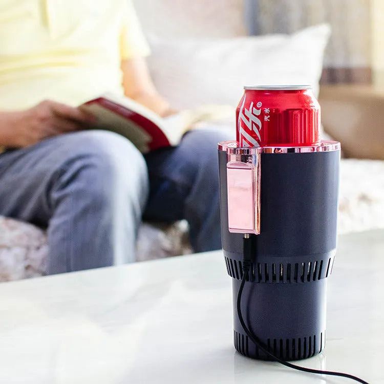 Black 2-in-1 car cup heater and cooler with digital display inserted in a vehicle cup holder.