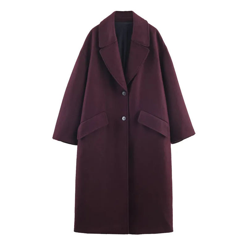 Women's all-match loose slimming long overcoat in wine red with spandex blend fabric for commute