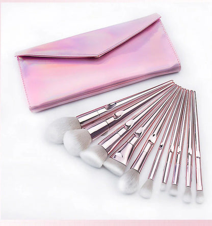 10 makeup brushes with thumbprint grips and nylon bristles in assorted sizes