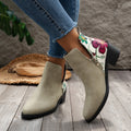 Flower printed ankle boots for women with chunky heel and side zipper, beige colour option