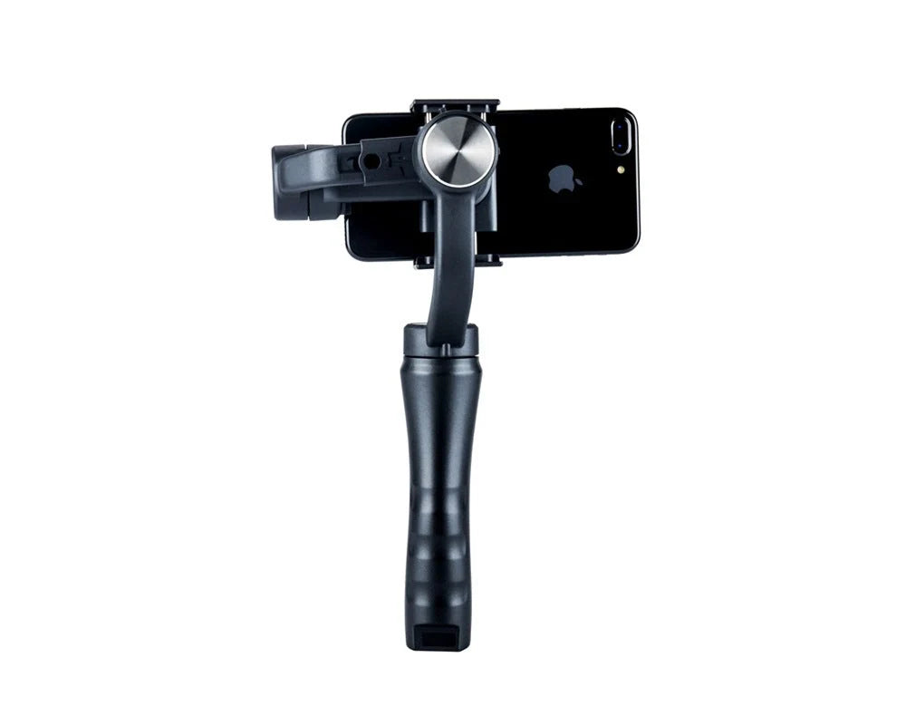 Handheld 3-axis gimbal stabilizer for iPhone in black, showing compact design and adjustable features