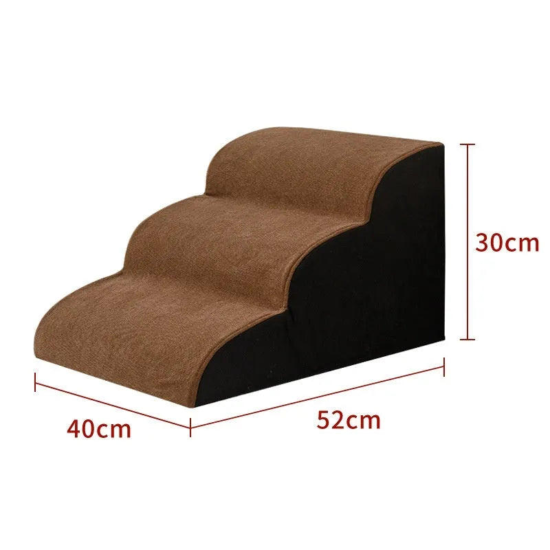 Brown wooden dog stairs with washable fabric cover next to a sofa