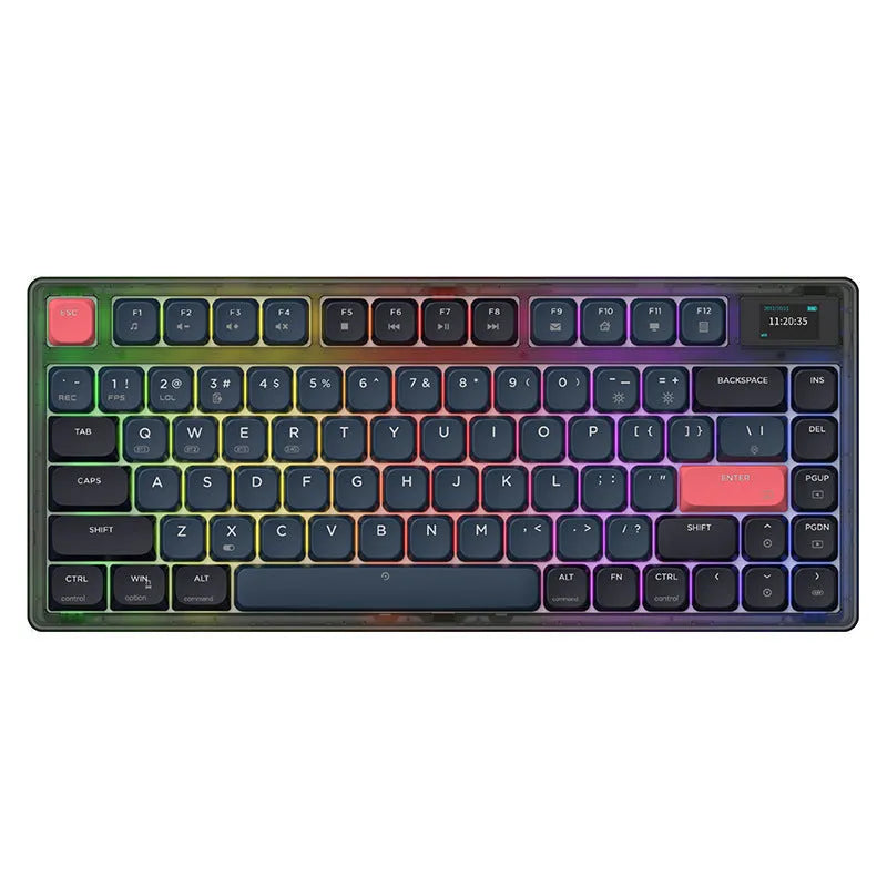 Ajazz AK832PRO green or tea coloured compact mechanical keyboard with RGB backlighting on a desk.