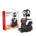 Black ABS game console storage rack with hanging hooks, headphone platform and drawer for controllers