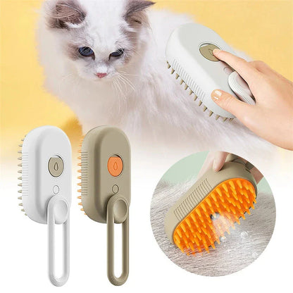 A 3-in-1 pet grooming brush with a steam spray function, designed to gently brush, massage, and moisturize your pet's coat.