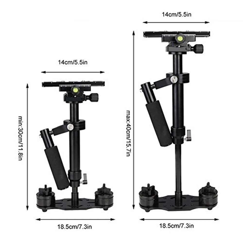 Black aluminium S40 and S60 handheld camera stabilisers with adjustable height and grip.