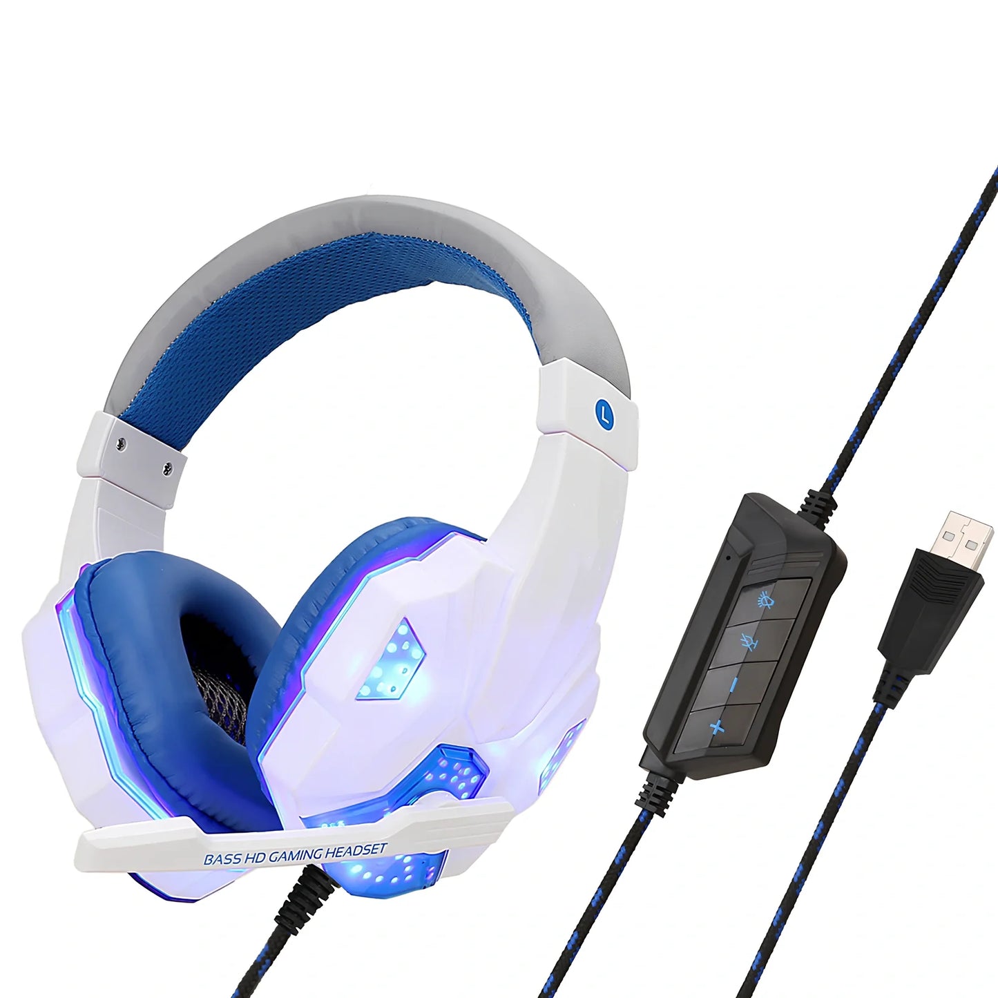 Black gaming headphones with adjustable microphone and braided cable showing 3.5mm plug