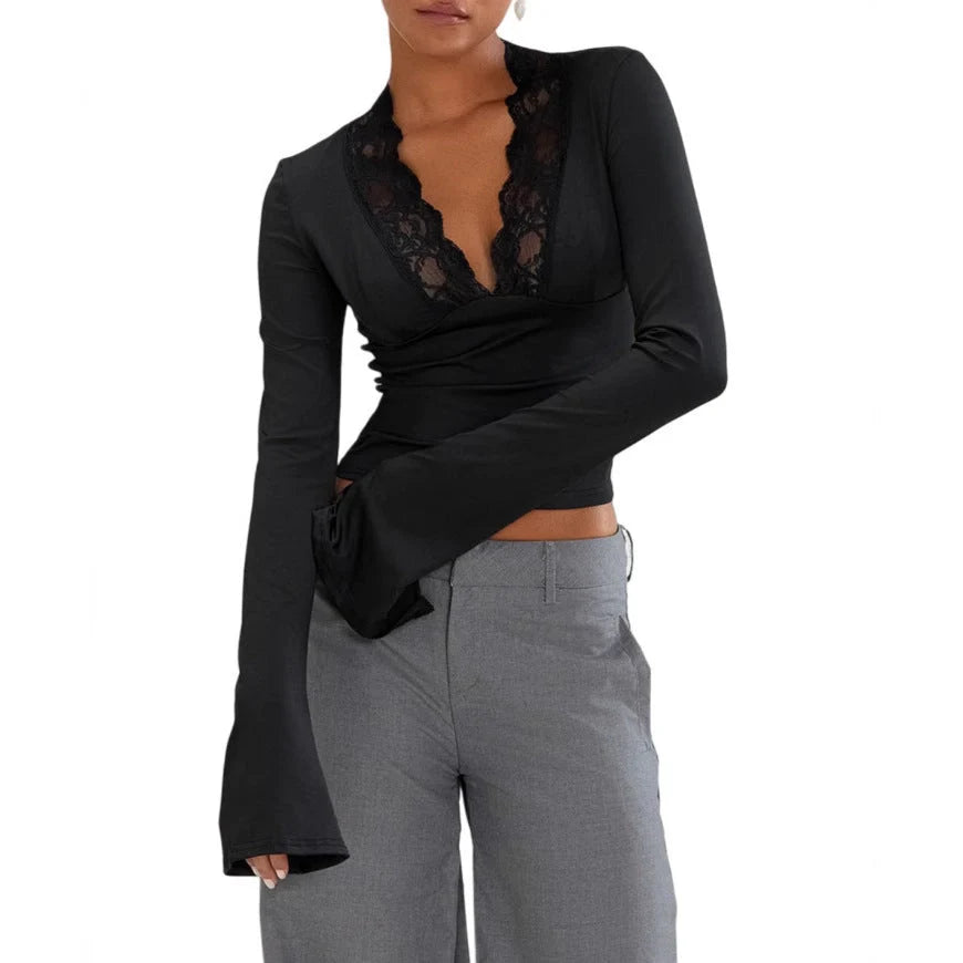 Slim V-neck Lace T-Shirt with Trumpet Sleeves for Women in white and black