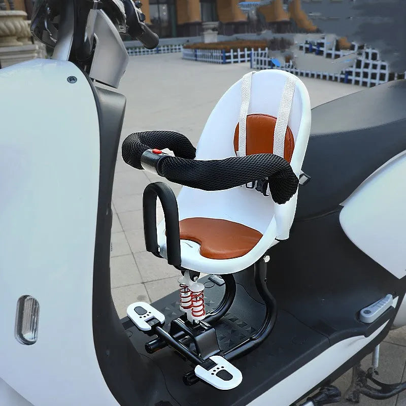 Front-mounted black child safety seat for a battery scooter with a high carbon steel frame.