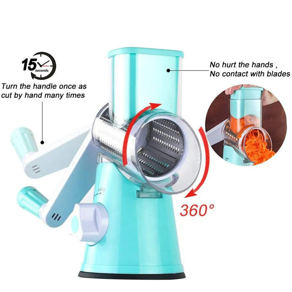 Round manual mandoline slicer with stainless steel blades for cutting potatoes, vegetables, and cheese