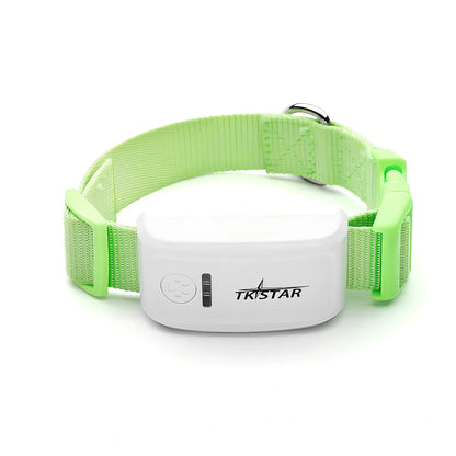 Black cat GPS tracker device with collar attachment showing 44g weight and waterproof design