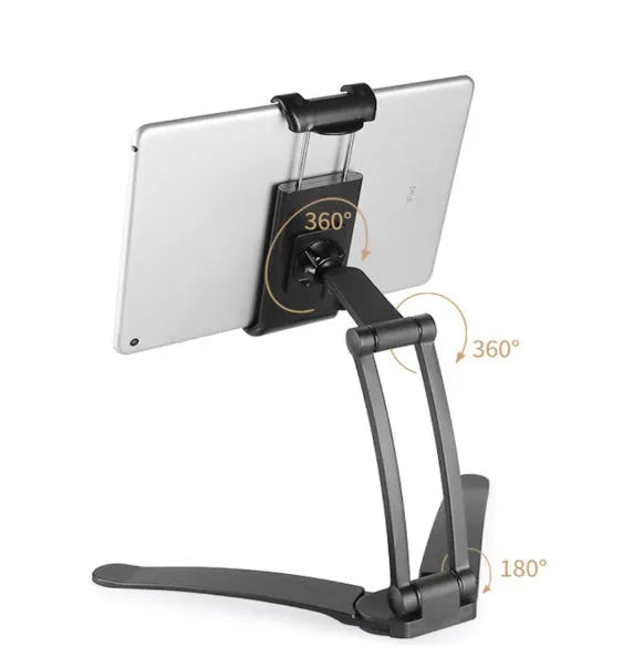 Silver aluminium alloy desktop tablet stand holding a tablet at an adjustable angle