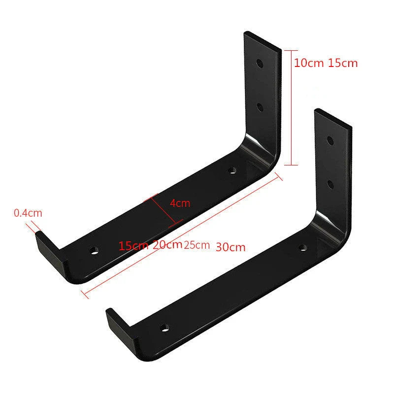 Iron wall bearing support shelf with black powder coat finish, available in three sizes