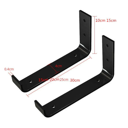 Iron wall bearing support shelf with black powder coat finish, available in three sizes
