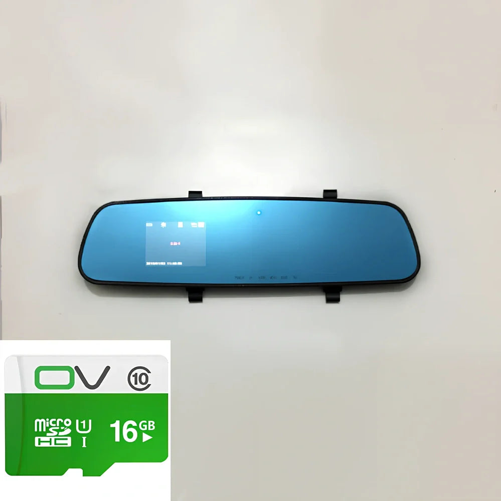1080P HD rearview mirror driving recorder with 30cm x 8cm size, dual lenses, and motion detection display