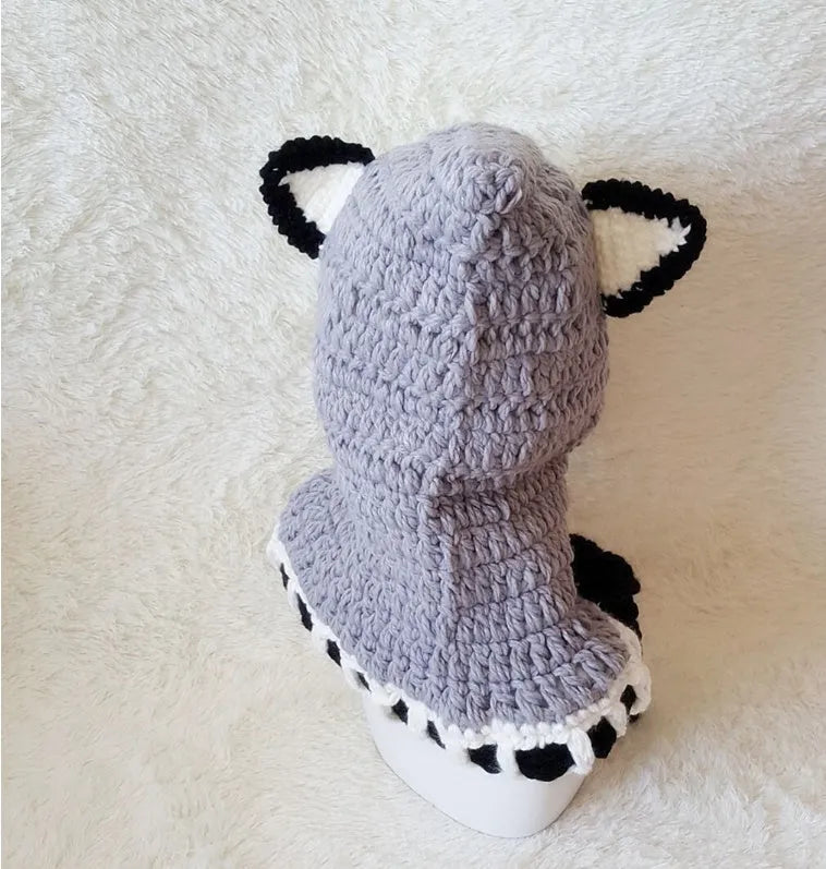 Hand-knitted acrylic children's hat with earmuff cape in gray and orange, 45-55cm size