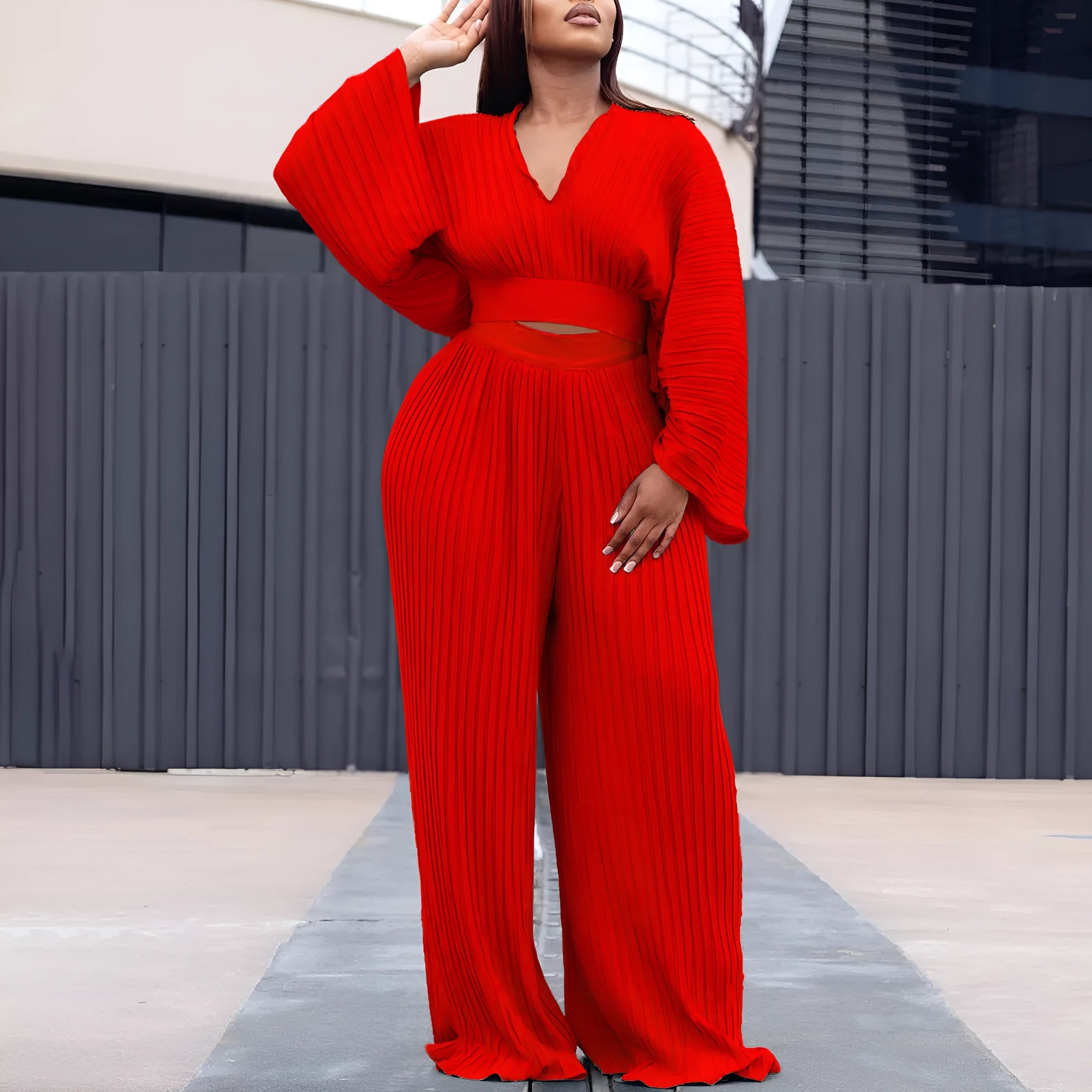 Women's African suit two-piece set with batwing sleeves and wide leg trousers in red or blue