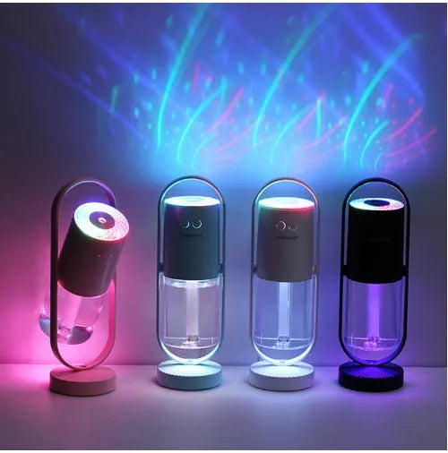 USB air humidifier with projection night light in pink, 200ml water tank, ultrasonic mist maker for car and home use