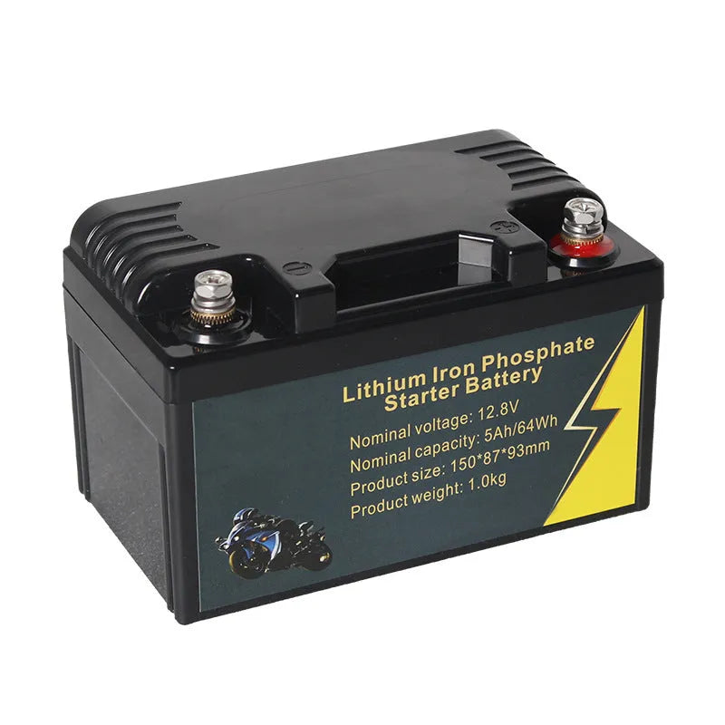 Black 12V 100Ah lithium iron phosphate LiFePO4 battery for deep cycle power storage.
