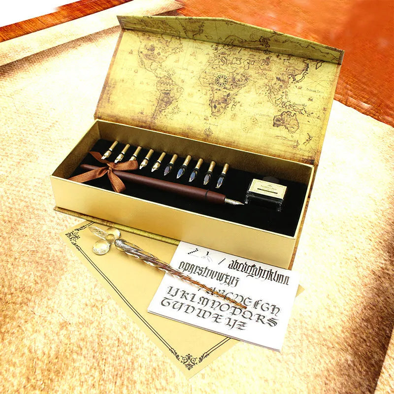 Handmade crystal glass and wooden dip pen set in gift box with stainless steel nib, retro design for calligraphy