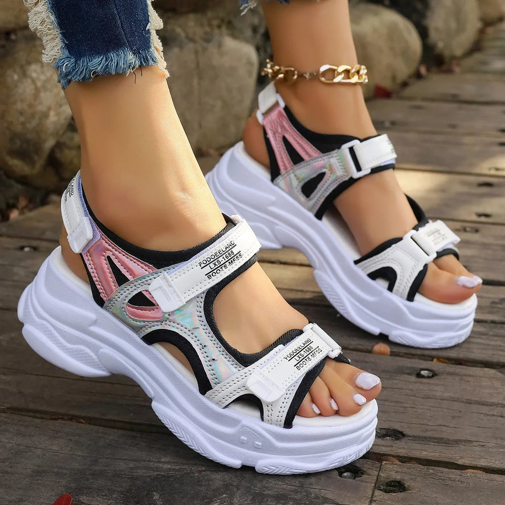 Women's white PU Roman platform sandals with multiple straps and rubber sole