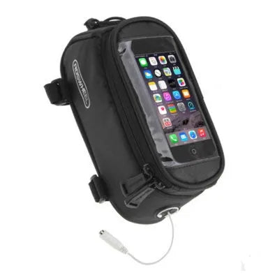 Waterproof PVC bicycle frame bag for iPhone storage in black, mounted on bike frame