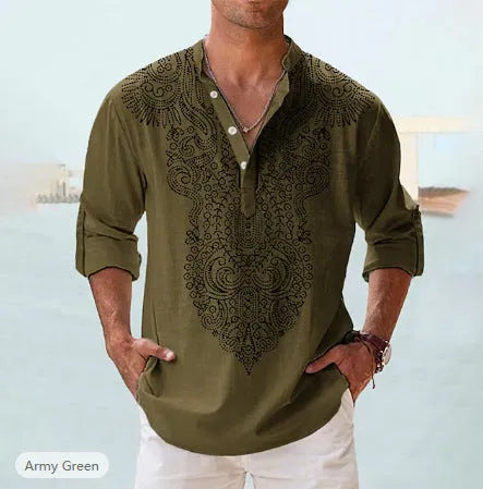 Summer printed shirt with striped pattern and stand collar in polyester fibre, loose fit