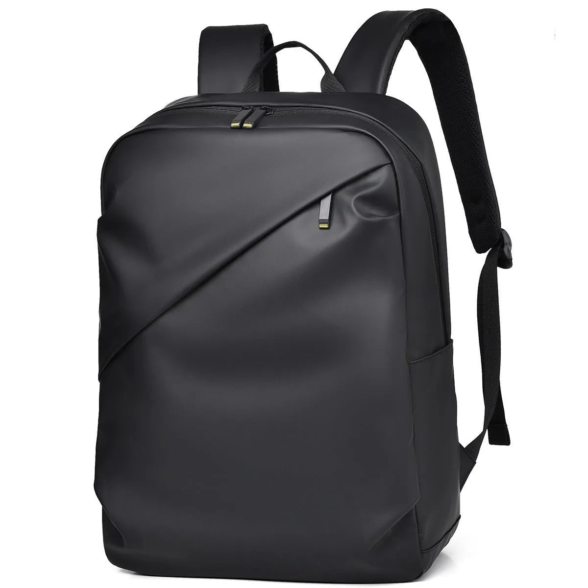 Men's large black waterproof PU backpack showing sewing thread detail and separate computer bag.