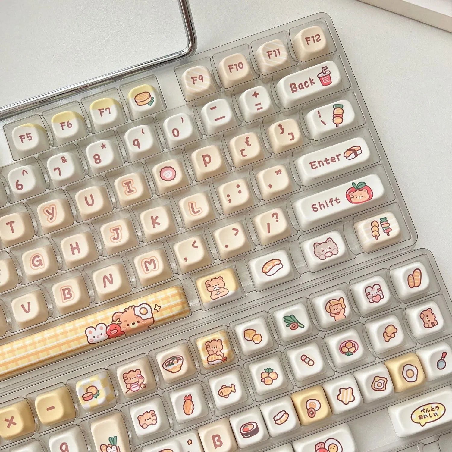 Rabbit Bear Restaurant themed PBT plastic keycap set with 140 pieces for mechanical keyboards, shown in EOA height profile.