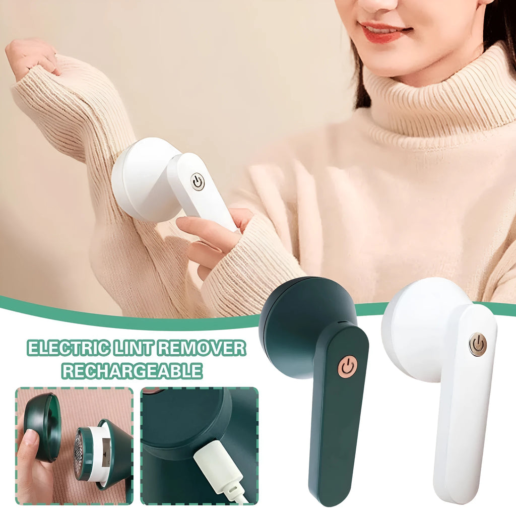 White or green USB rechargeable electric lint remover for clothing with removable lint collector container.