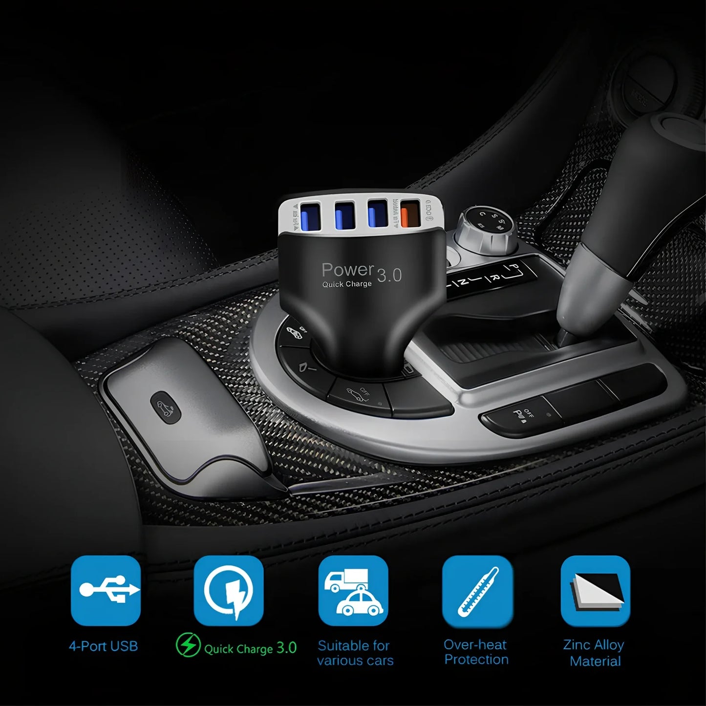 Black car 4-port USB charger with 3000mA output, PC fire-resistant material, fits 12-24V sockets
