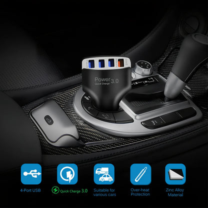 Black car 4-port USB charger with 3000mA output, PC fire-resistant material, fits 12-24V sockets