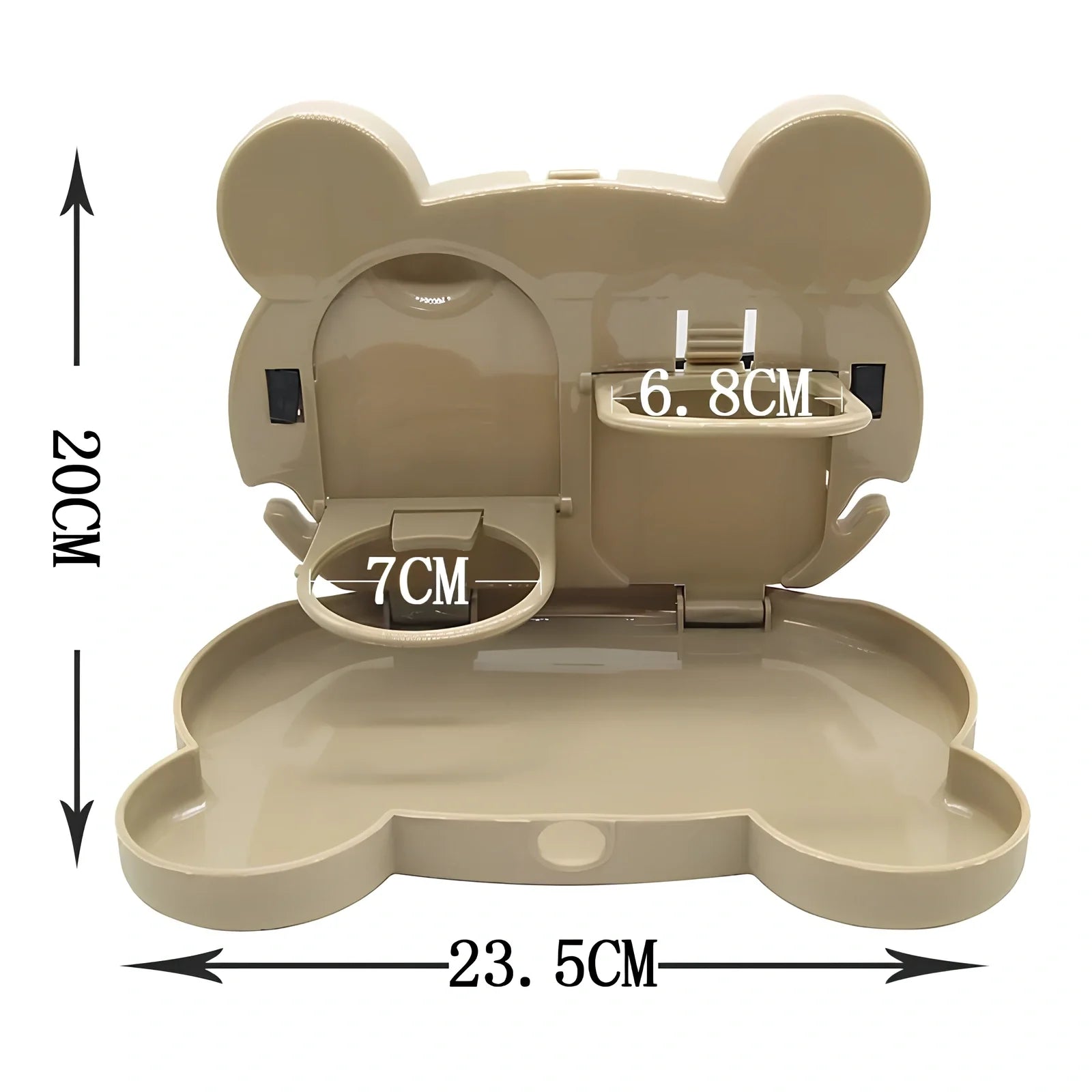 White child car seat table with 20x23.5cm surface and side hooks mounted on vehicle seat