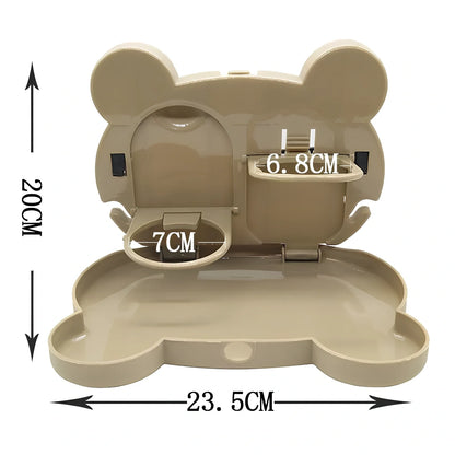 White child car seat table with 20x23.5cm surface and side hooks mounted on vehicle seat