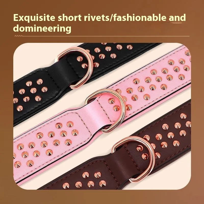 Leather dog collar with metal rivets in black, chocolate, or pink.