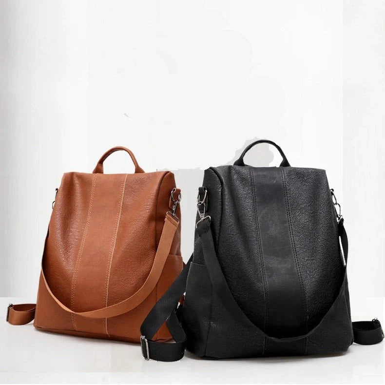 Women's solid color large capacity PU leather backpack with zipper opening