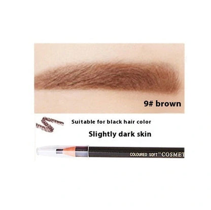 Brown microblading eyebrow pen with 0.1mm tip showing hair-like strokes on skin, 14.5cm length with protective cap