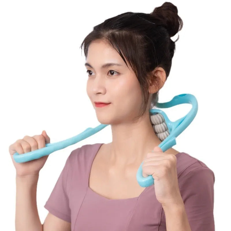 Blue plastic hand-held massager with six white wheels for neck, shoulder, and waist muscles.