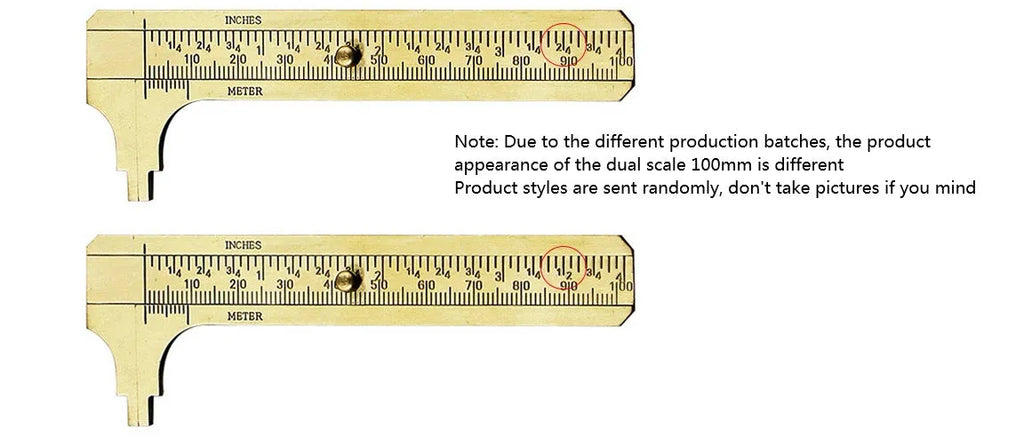 Double scale mini copper caliper with brass body, 100mm range, showing dual metric and imperial scales