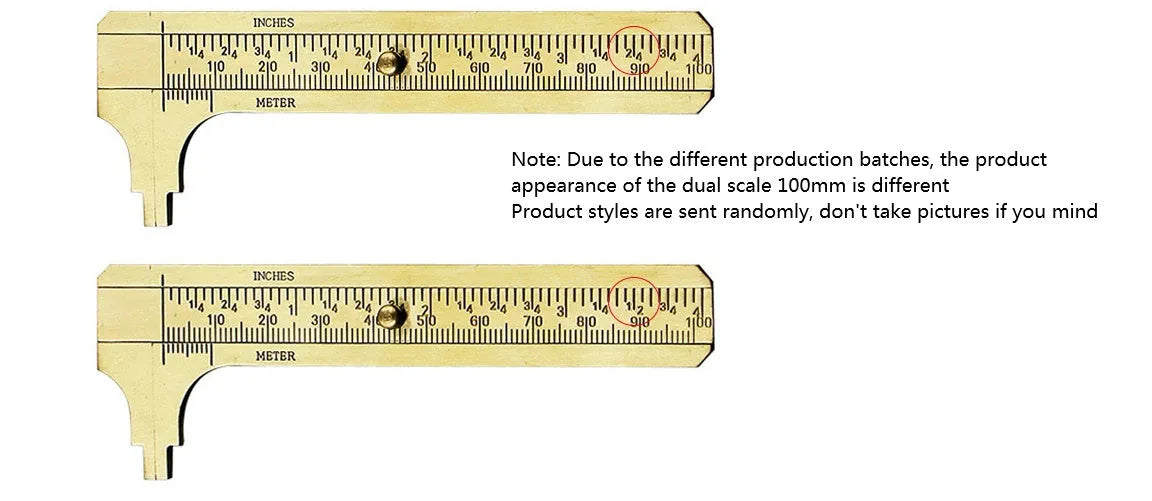 Double scale mini copper caliper with brass body, 100mm range, showing dual metric and imperial scales