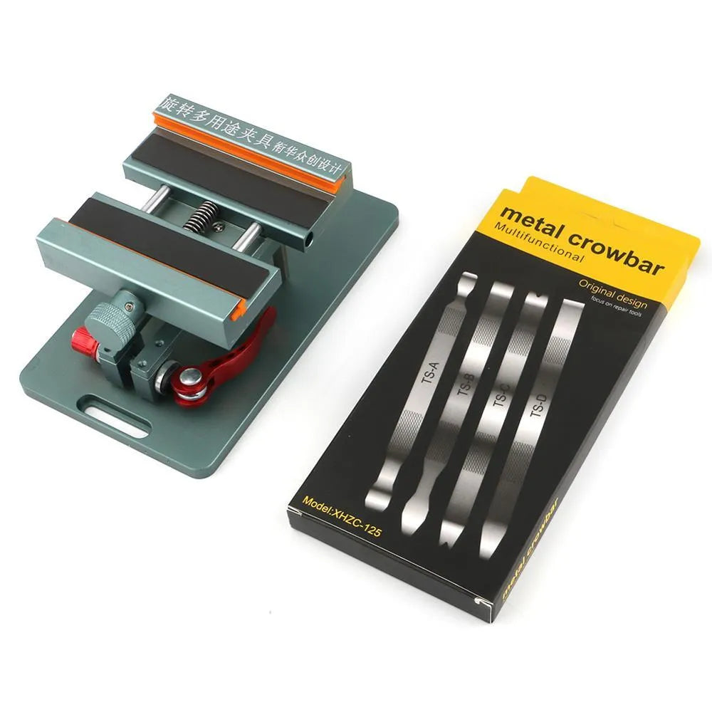 Mobile phone repair fixture clamp with adjustable grip and included crowbar tool