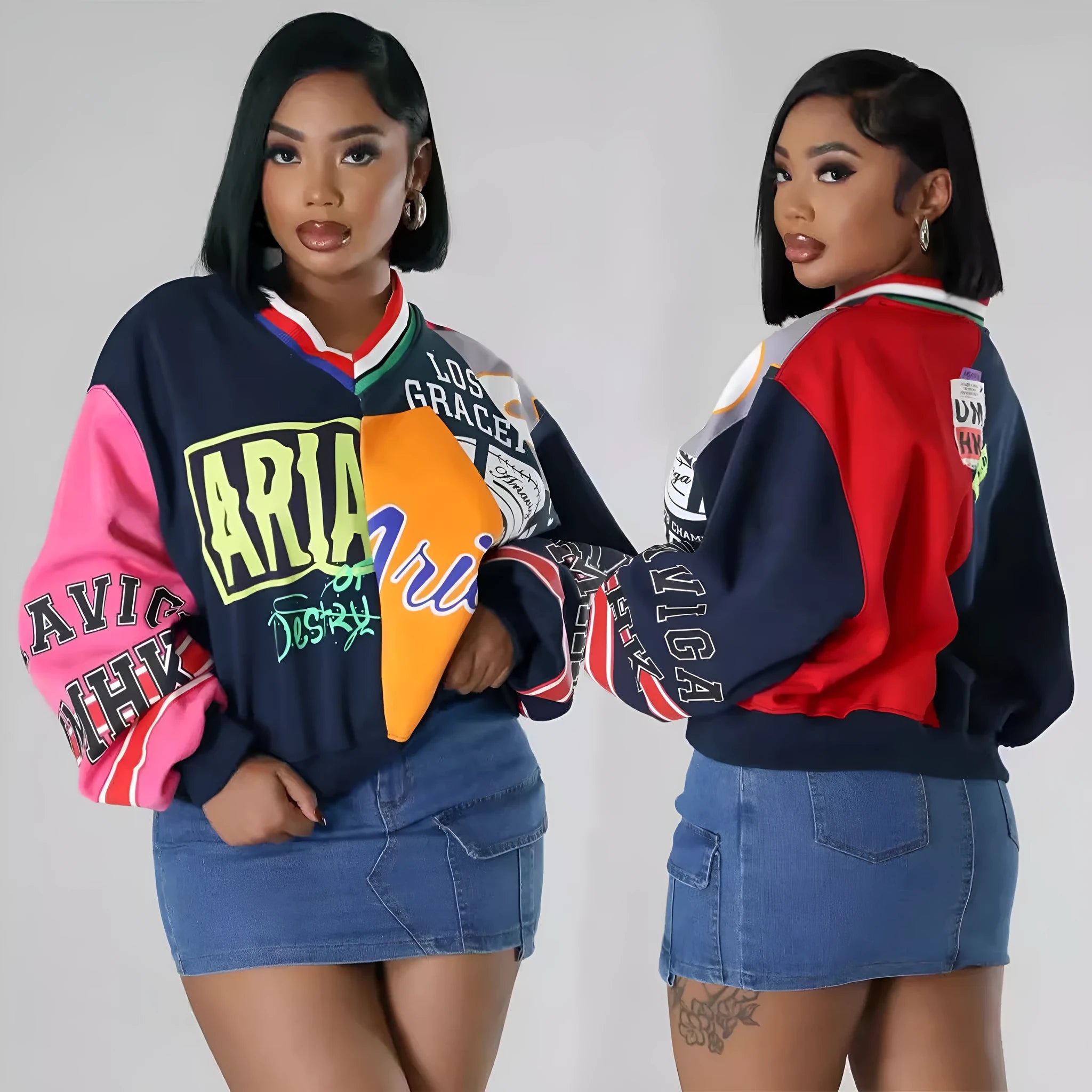 Women's loose V-neck sweatshirt with contrast letter print in blue colour, long sleeves, pullover style