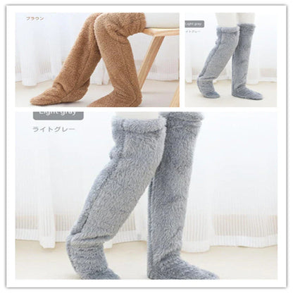 Cozy over-the-knee fuzzy socks in various colors, designed to keep your legs and knees warm during the winter season.