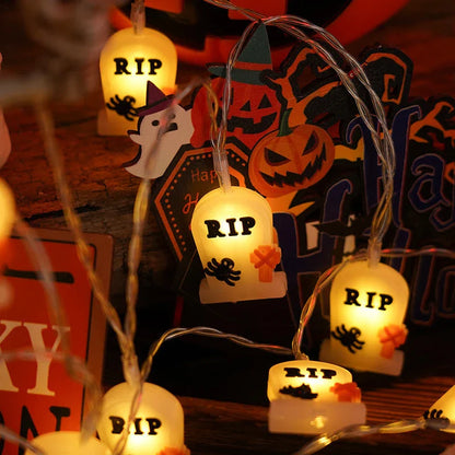 Battery-powered Halloween lighting chain with pumpkin, ghost, and bat-shaped LED lights